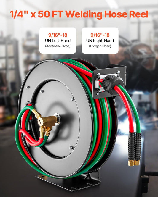 Retractable Welding Hose Reel, 1/4-Inch x 50FT Twin Oxygen Acetylene Rubber Hose Max 300PSI - T Grade, Ceiling/Wall Mount Heavy Duty Steel Hose Reel Auto-Rewind, Ideal for Workshops Garages.