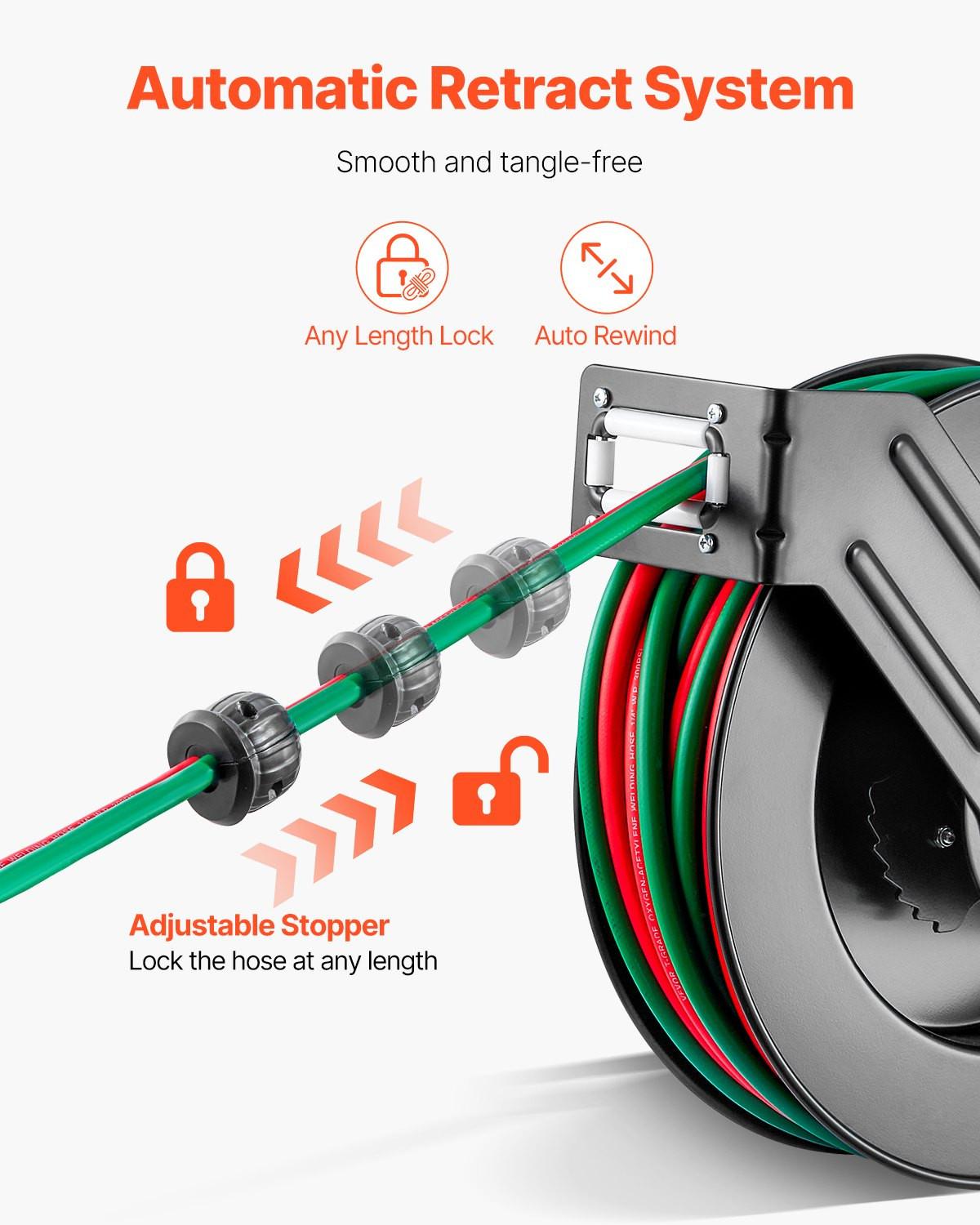 Retractable Welding Hose Reel, 1/4-Inch x 50FT Twin Oxygen Acetylene Rubber Hose Max 300PSI - T Grade, Ceiling/Wall Mount Heavy Duty Steel Hose Reel Auto-Rewind, Ideal for Workshops Garages.