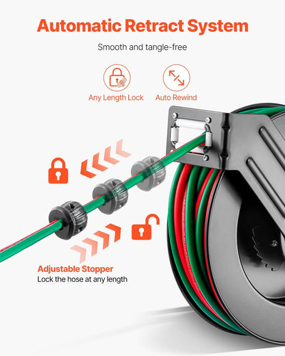 Retractable Welding Hose Reel, 1/4-Inch x 50FT Twin Oxygen Acetylene Rubber Hose Max 300PSI - T Grade, Ceiling/Wall Mount Heavy Duty Steel Hose Reel Auto-Rewind, Ideal for Workshops Garages.