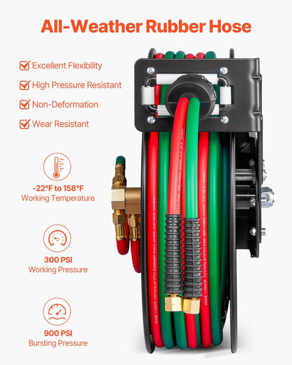 Retractable Welding Hose Reel, 1/4-Inch x 50FT Twin Oxygen Acetylene Rubber Hose Max 300PSI - T Grade, Ceiling/Wall Mount Heavy Duty Steel Hose Reel Auto-Rewind, Ideal for Workshops Garages.