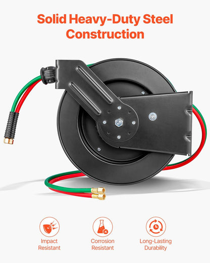 Retractable Welding Hose Reel, 1/4-Inch x 50FT Twin Oxygen Acetylene Rubber Hose Max 300PSI - T Grade, Ceiling/Wall Mount Heavy Duty Steel Hose Reel Auto-Rewind, Ideal for Workshops Garages.