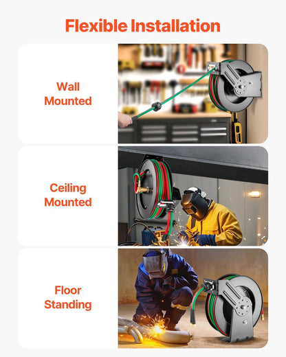 Retractable Welding Hose Reel, 1/4-Inch x 50FT Twin Oxygen Acetylene Rubber Hose Max 300PSI - T Grade, Ceiling/Wall Mount Heavy Duty Steel Hose Reel Auto-Rewind, Ideal for Workshops Garages.