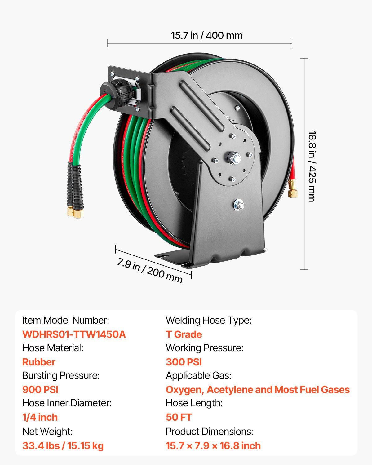 Retractable Welding Hose Reel, 1/4-Inch x 50FT Twin Oxygen Acetylene Rubber Hose Max 300PSI - T Grade, Ceiling/Wall Mount Heavy Duty Steel Hose Reel Auto-Rewind, Ideal for Workshops Garages.