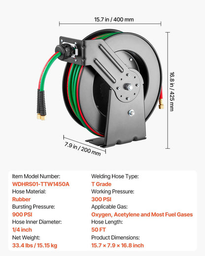 Retractable Welding Hose Reel, 1/4-Inch x 50FT Twin Oxygen Acetylene Rubber Hose Max 300PSI - T Grade, Ceiling/Wall Mount Heavy Duty Steel Hose Reel Auto-Rewind, Ideal for Workshops Garages.