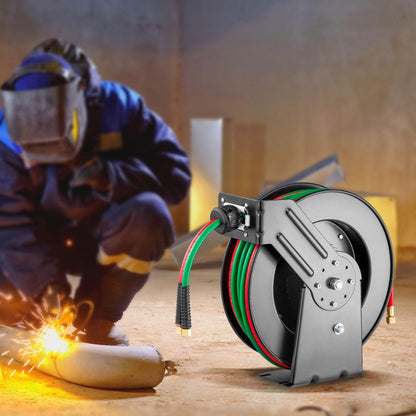 Retractable Welding Hose Reel, 1/4-Inch x 50FT Twin Oxygen Acetylene Rubber Hose Max 300PSI - T Grade, Ceiling/Wall Mount Heavy Duty Steel Hose Reel Auto-Rewind, Ideal for Workshops Garages.