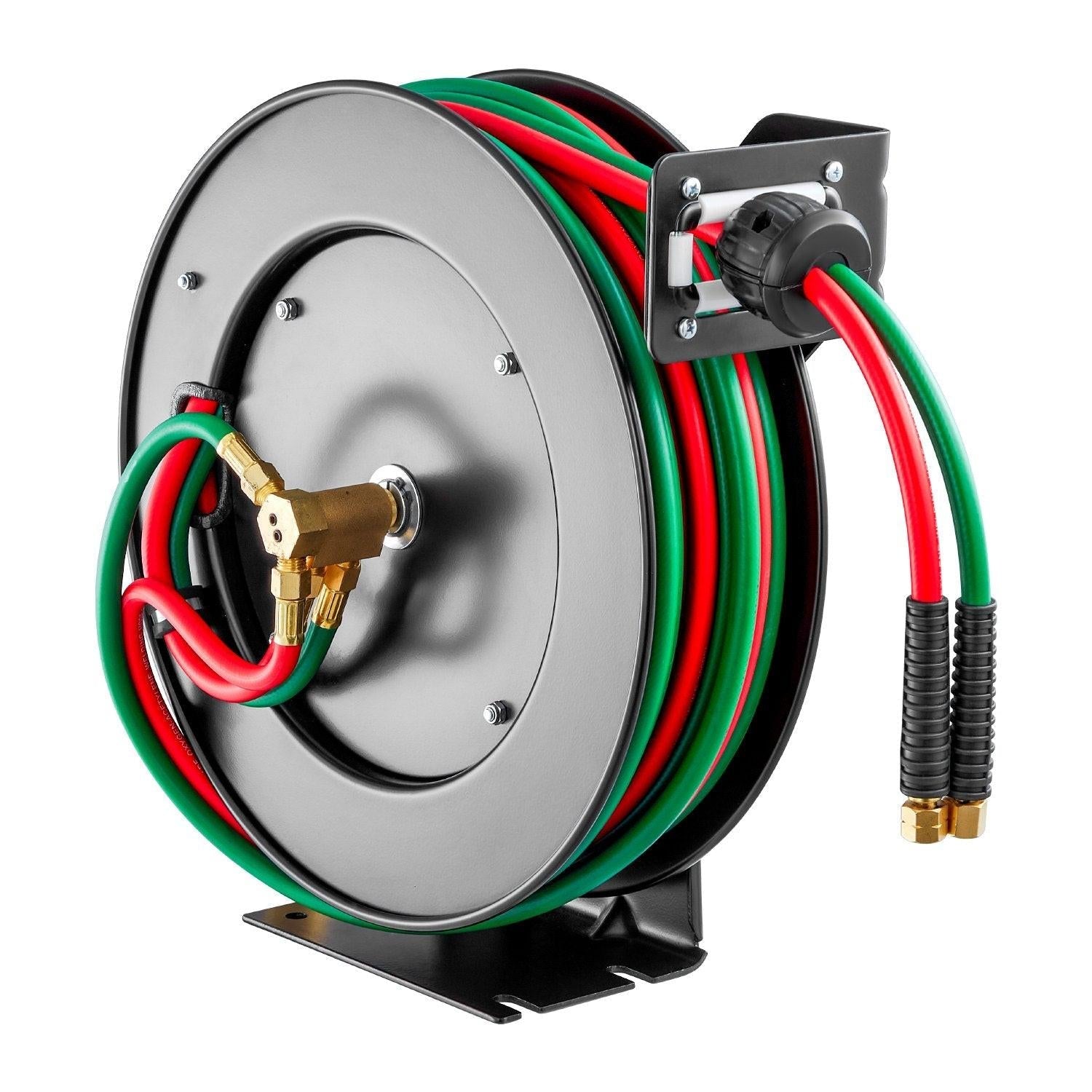 Retractable Welding Hose Reel, 1/4-Inch x 50FT Twin Oxygen Acetylene Rubber Hose Max 300PSI - T Grade, Ceiling/Wall Mount Heavy Duty Steel Hose Reel Auto-Rewind, Ideal for Workshops Garages.