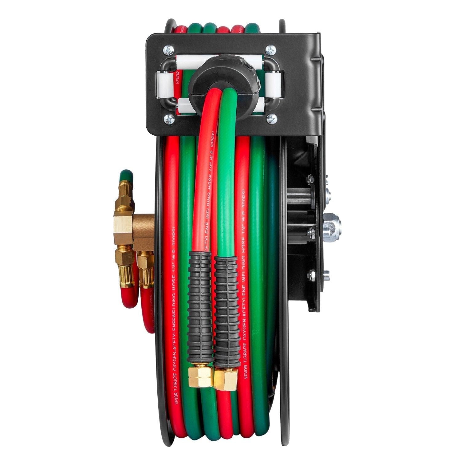 Retractable Welding Hose Reel, 1/4-Inch x 50FT Twin Oxygen Acetylene Rubber Hose Max 300PSI - T Grade, Ceiling/Wall Mount Heavy Duty Steel Hose Reel Auto-Rewind, Ideal for Workshops Garages.