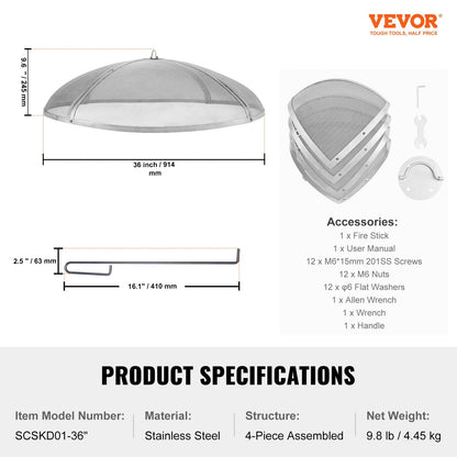 Fire Pit Spark Screen Round 36", Reinforced Heavy Duty Steel Metal Cover, Outdoor Firepit Lid, Easy-Opening Top Screen Covers Round with Ring Handle for Outdoor Patio Fire Pits Backyard