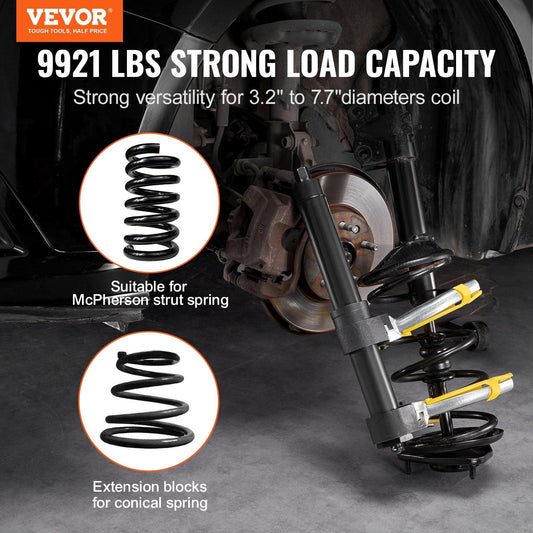 Strut Spring Compressor Set, Macpherson Strut Spring Compressor Kit, Interchangeable Fork Strut Coil Extractor Remover Tool, with Yellow Protective Sleeve and Carrying Case.