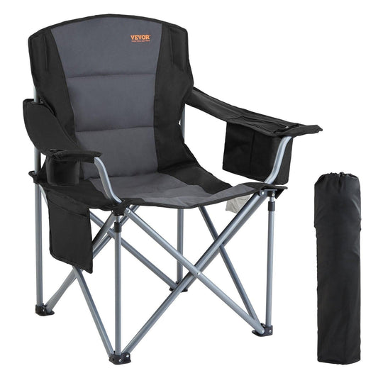 Camping Folding Chair for Adults, Portable Heavy Duty Outdoor Quad Lumbar Back Padded Arm Chairs with Side Pockets, Cup Holder and Cooler Bag for Beach, Lawn, Picnic, Fishing, Backpacking, Black.