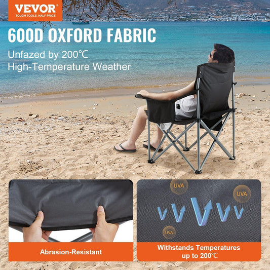 Camping Folding Chair for Adults, Portable Heavy Duty Outdoor Quad Lumbar Back Padded Arm Chairs with Side Pockets, Cup Holder and Cooler Bag for Beach, Lawn, Picnic, Fishing, Backpacking, Black.