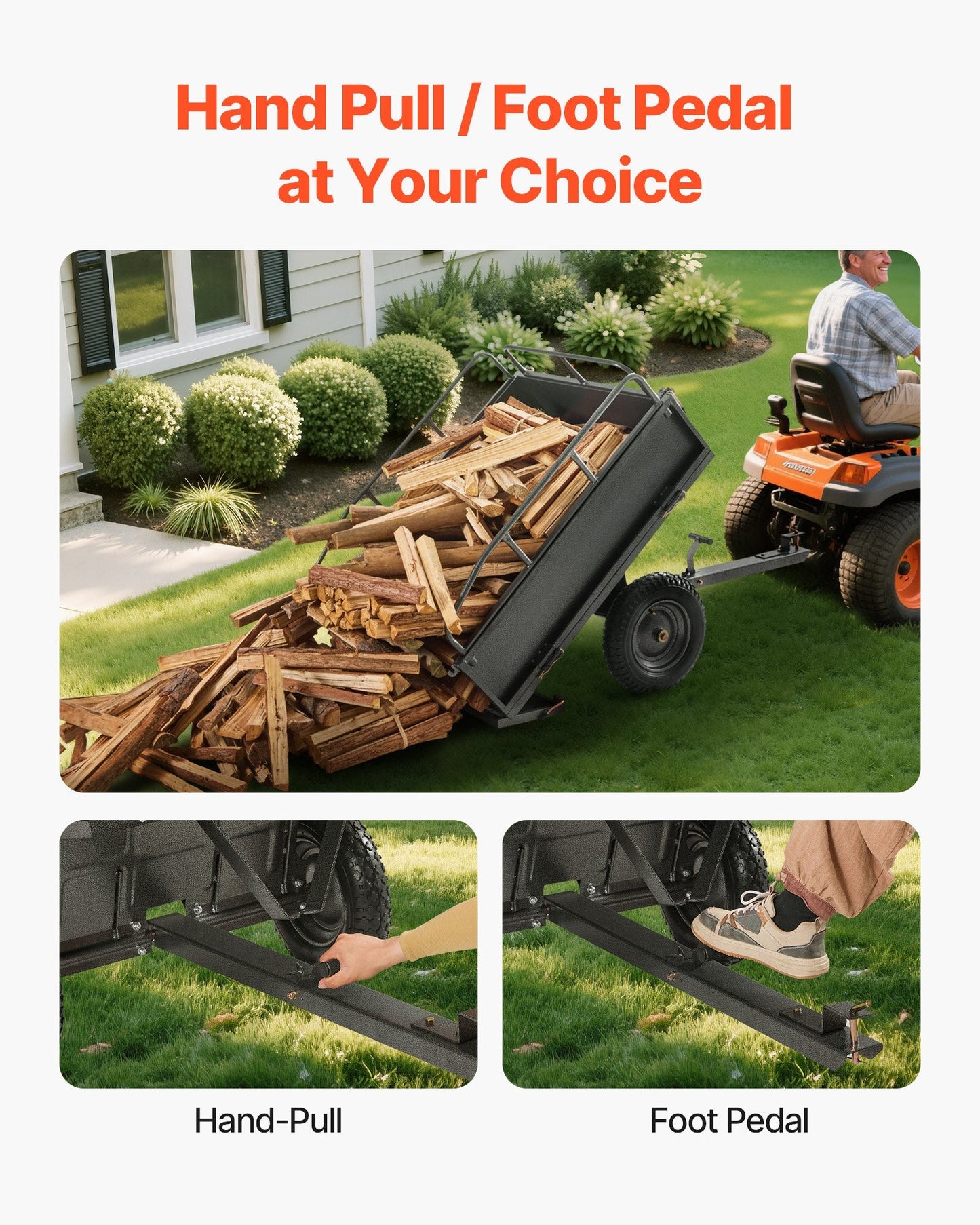 Garden Utility Trailer, 10 Cu. Ft & 227 kg Capacity, ATV UTV Hauling Trailer, Tow Behind Steel Dump Cart with 14" Tires, Hand Pull or Foot Pedal, Heavy Duty Yard Trailers for Lawn Mower Tractor