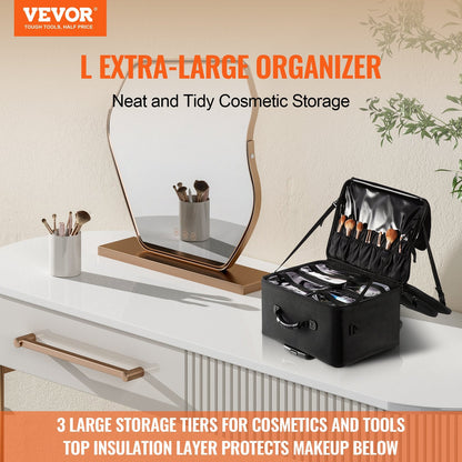 Rolling Makeup Train Case Large Storage 3 Tiers, Convenient Carry With Handle, Wheels, Strap, Professional Makeup Storage Organizer Box Make Up Carrier Waterproof Oxford, Black