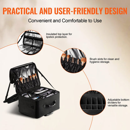Rolling Makeup Train Case Large Storage 3 Tiers, Convenient Carry With Handle, Wheels, Strap, Professional Makeup Storage Organizer Box Make Up Carrier Waterproof Oxford, Black
