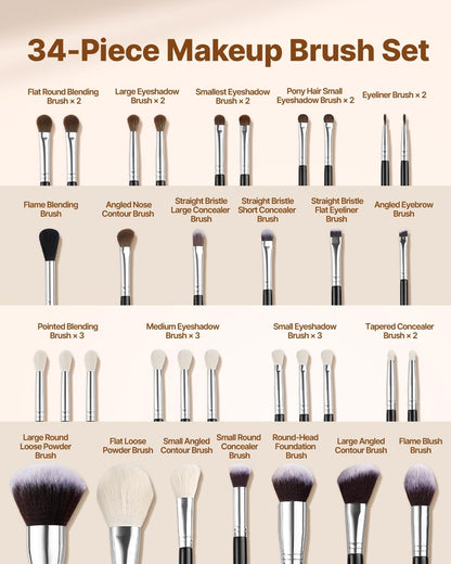34-Piece Makeup Brush Set, Professional Brushes Kit for Foundation Blending Eyeshadow Concealer Blush - with Soft Bristles, Ergonomic Wood Handle, Travel-Friendly Case Included