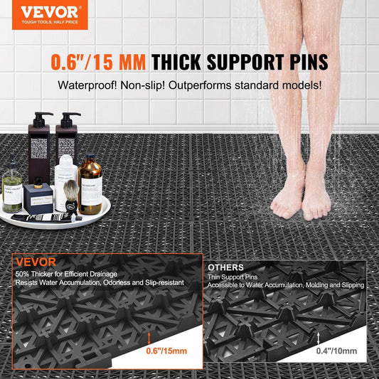 Modular Interlocking Cushion, 55 Pack 30 x 30 cm Splicing Drainage Mats, PVC Interlocking Drainage Floor Tiles, Non-Slip Drainage Holes for Restroom, Bathroom, Kitchen, Pool, Wet Area, Black.