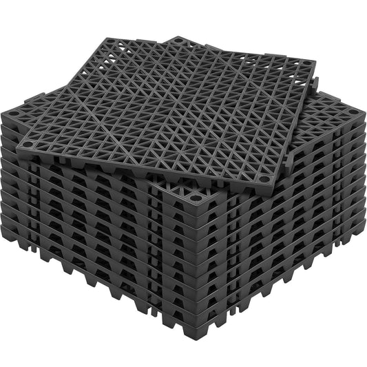 Modular Interlocking Cushion, 12 Pack 30 x 30 cm Splicing Drainage Mats, PVC Interlocking Drainage Floor Tiles, Non-Slip Drainage Holes for Restroom, Bathroom, Kitchen, Pool, Wet Area, Black.