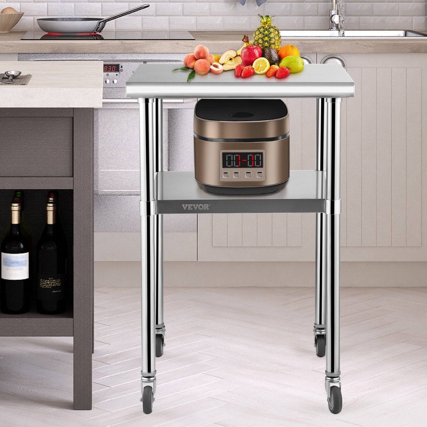 Stainless Steel Prep Table, 61 x 61 x 91.4 cm, 600lbs Load Capacity Heavy Duty Metal Worktable with Adjustable Undershelf & Universal Wheels, Commercial Workstation for Kitchen Garage Backyard