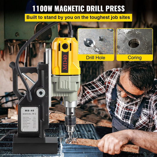Magnetic Drill, 1100W 1.57" Boring Diameter, 2697lbf/12000N Portable Electric Mag Drill Press with 7 Bits, 580 RPM Max Speed Drilling Machine for any Surface and Home Improvement.