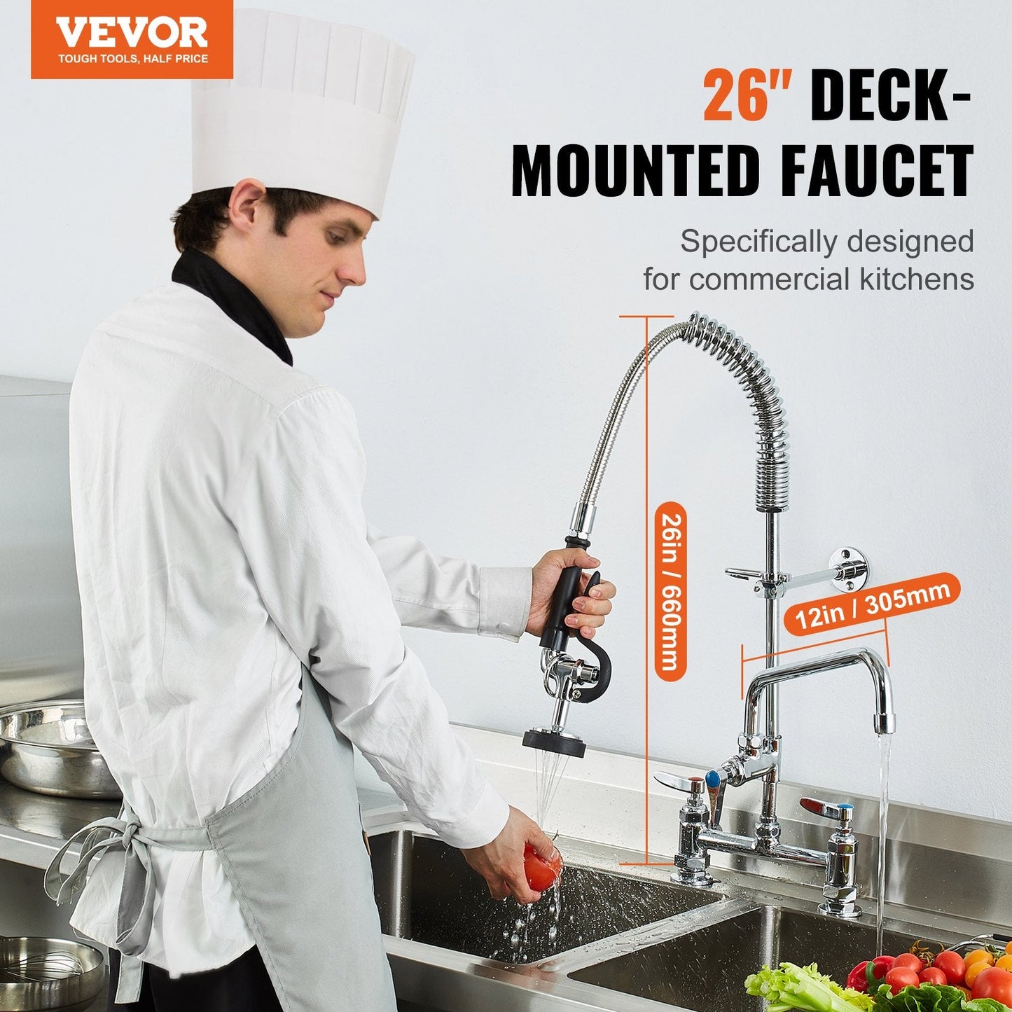 Commercial Faucet with Pre-Rinse Sprayer, 26" Height, 8" Center, 12" Swing Spout, Deck Mount Kitchen Sink Faucet, Brass Constructed Device with Pull Down Spray, for 1/2/3 Compartment Sink
