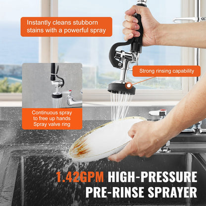 Commercial Faucet with Pre-Rinse Sprayer, 26" Height, 8" Center, 12" Swing Spout, Deck Mount Kitchen Sink Faucet, Brass Constructed Device with Pull Down Spray, for 1/2/3 Compartment Sink