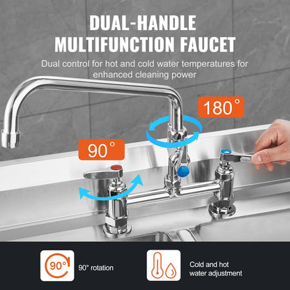 Commercial Faucet with Pre-Rinse Sprayer, 26" Height, 8" Center, 12" Swing Spout, Deck Mount Kitchen Sink Faucet, Brass Constructed Device with Pull Down Spray, for 1/2/3 Compartment Sink