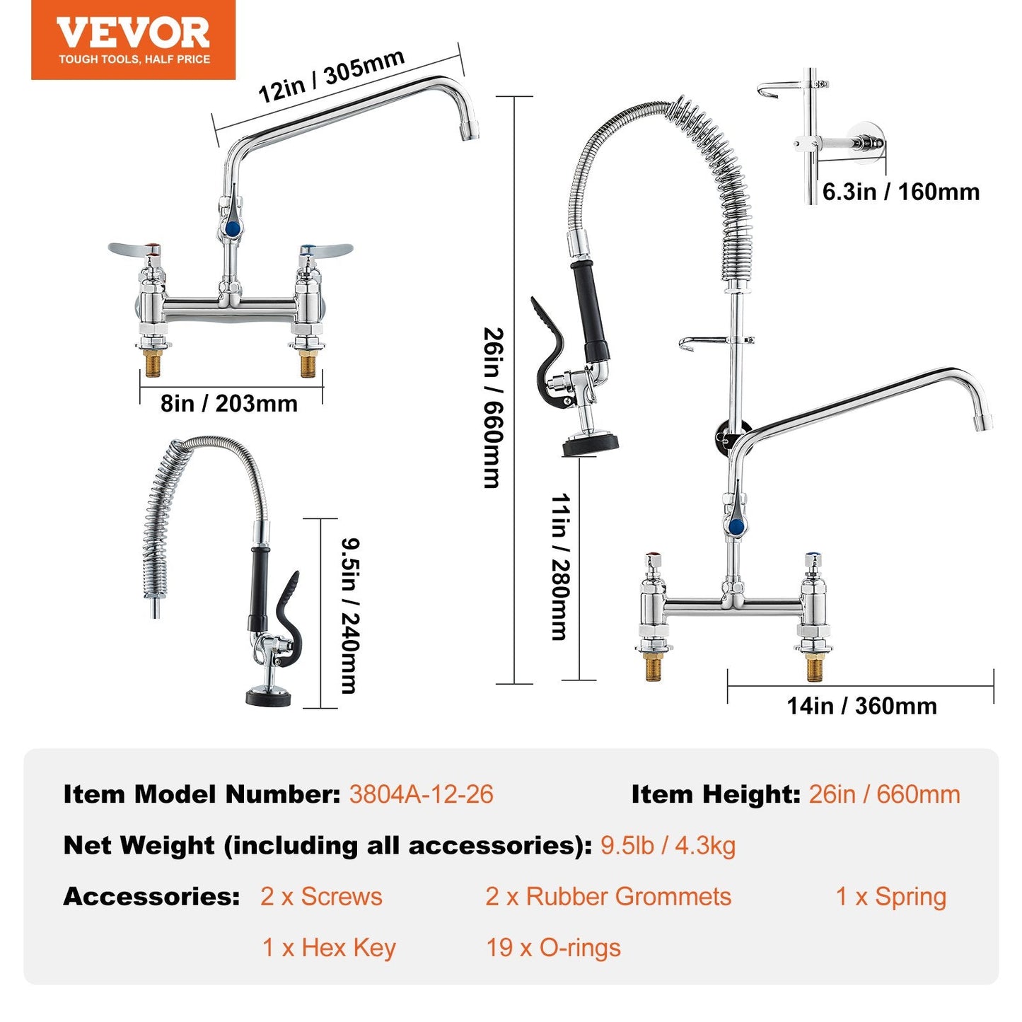 Commercial Faucet with Pre-Rinse Sprayer, 26" Height, 8" Center, 12" Swing Spout, Deck Mount Kitchen Sink Faucet, Brass Constructed Device with Pull Down Spray, for 1/2/3 Compartment Sink