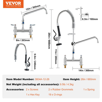 Commercial Faucet with Pre-Rinse Sprayer, 26" Height, 8" Center, 12" Swing Spout, Deck Mount Kitchen Sink Faucet, Brass Constructed Device with Pull Down Spray, for 1/2/3 Compartment Sink