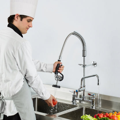 Commercial Faucet with Pre-Rinse Sprayer, 26" Height, 8" Center, 12" Swing Spout, Deck Mount Kitchen Sink Faucet, Brass Constructed Device with Pull Down Spray, for 1/2/3 Compartment Sink