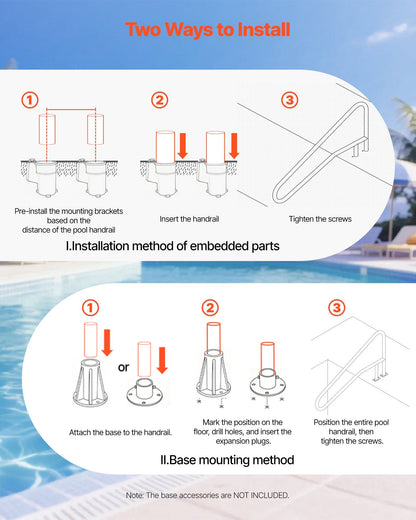 Pool Rail, 137.1 x 81.3 cm Pool Handrail, 100kg Load Capacity Heavy Duty Stainless Steel Swimming Handrail, Seamless Welding, Recessed or Base Mount, for Poolside, Water Parks, Spa Centers