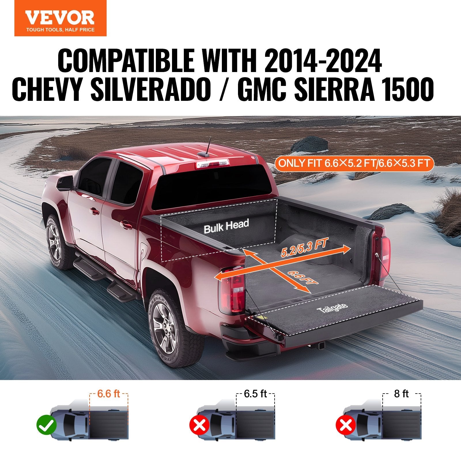 Truck Bed Cover, Roll Up Truck Bed Tonneau Cover, Compatible with 2014-2024 Chevy Silverado / GMC Sierra 1500, for 2m x 1.6m / 2m x 1.6m Bed, Soft PVC material, Roll Up Tonneau Cover.