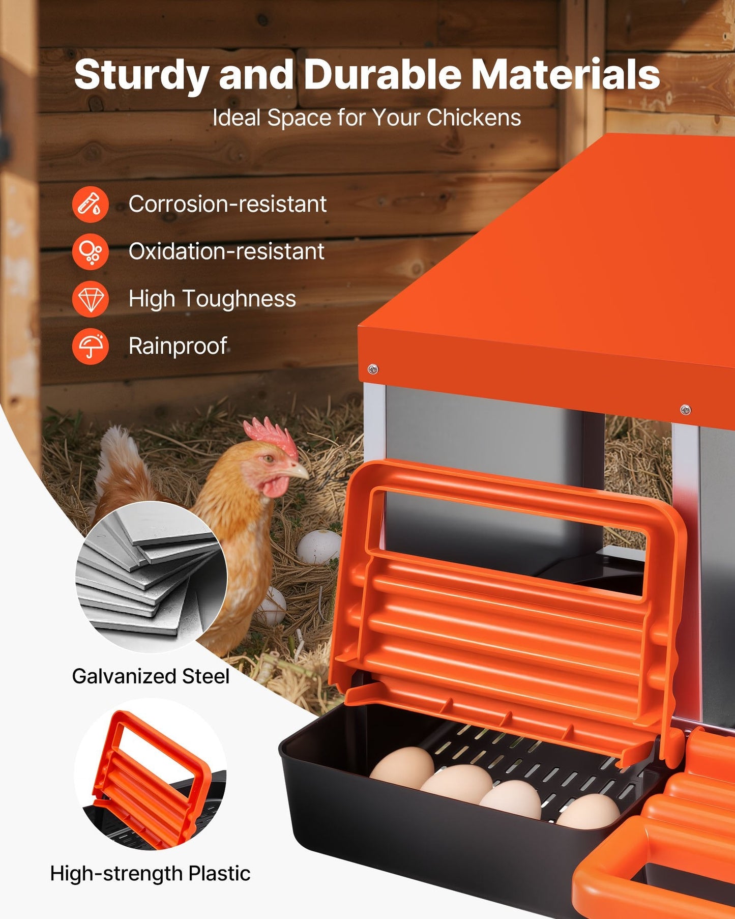Chicken Nest Box, 3-Compartment, 15 to 30 in Stable & Corrosion-Resistant Metal Nesting Boxes with Inclined Nesting Boxes, Bottom Holes & Resting Platform, Fit for Different Chicken Breeds