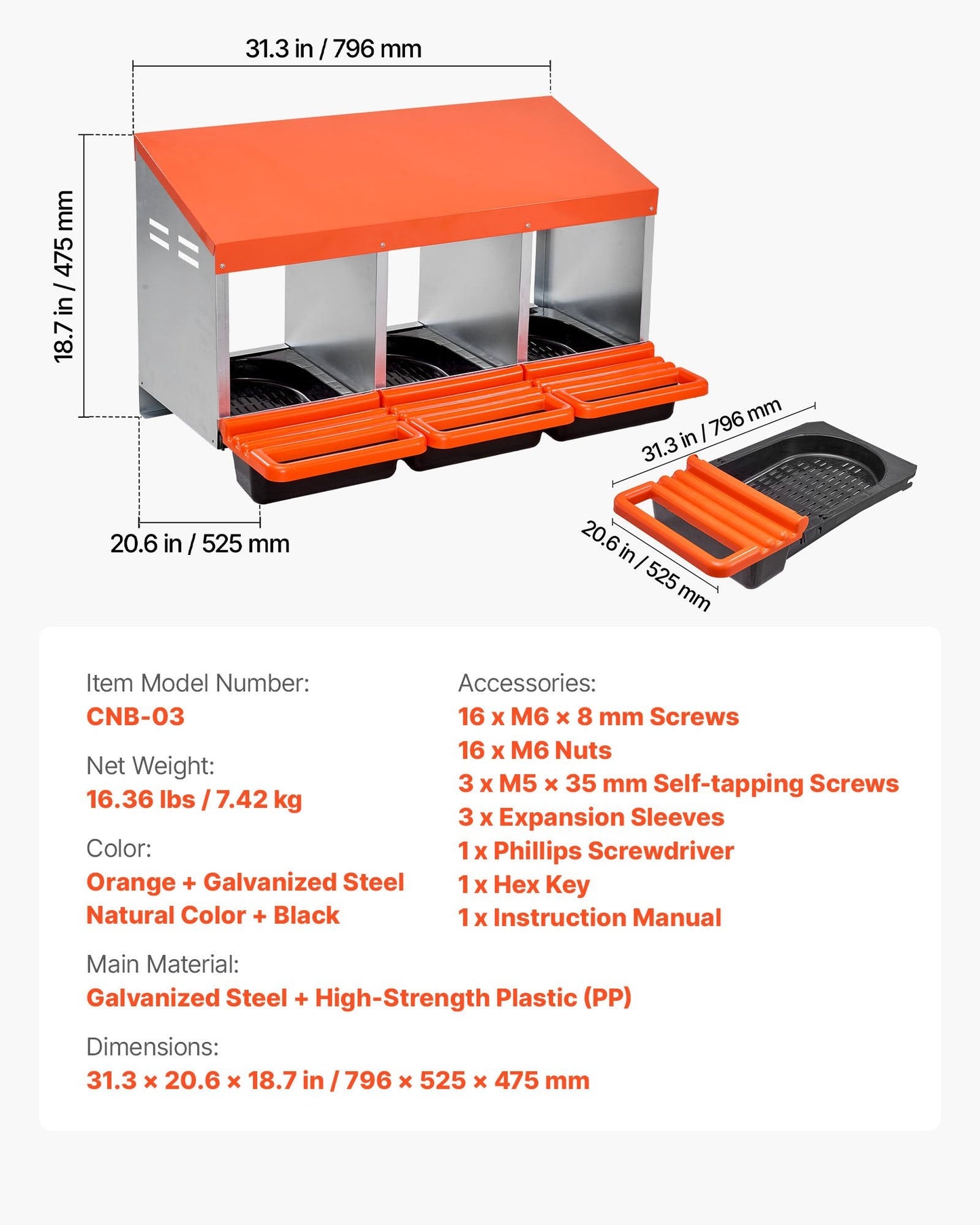 Chicken Nest Box, 3-Compartment, 15 to 30 in Stable & Corrosion-Resistant Metal Nesting Boxes with Inclined Nesting Boxes, Bottom Holes & Resting Platform, Fit for Different Chicken Breeds