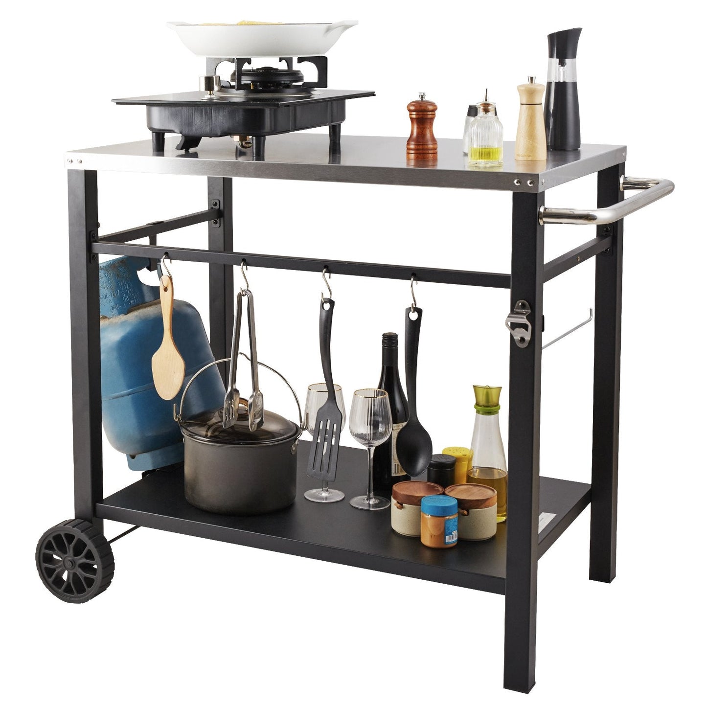 Outdoor Grill Dining Cart with Double-Shelf, 85*55cm BBQ Movable Food Prep Table, Multifunctional Stainless Steel Table Top, Portable Modular Carts for Pizza Oven, Worktable with 2 Wheels, Carry Handle