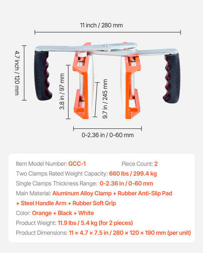 Double Handed Stone Carrying Clamps, 299 kg Load Capacity, 2 Pack Granite Panel Carriers Lifting Tools with Rubber-lined (0-60 mm), Heavy Duty lifting Clamps for Plywood, Glass, Granite