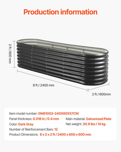 Metal Raised Garden Bed, 2.4 x 0.6 x 0.6 m Oval Outdoor Galvanized Planter Garden Box, Open Bottom Design, Large Planter Raised Bed for Growing Vegetables, Flowers, Herbs, Succulents, Dark Gray