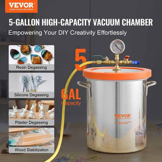 5 Gallon Vacuum Chamber, Upgraded Tempered Glass Lid Vacuum Degassing Chamber, 304 Stainless Steel Chamber, for Stabilizing Wood, Resin Degassing, Silicone Degassing and Plaster Degassing.