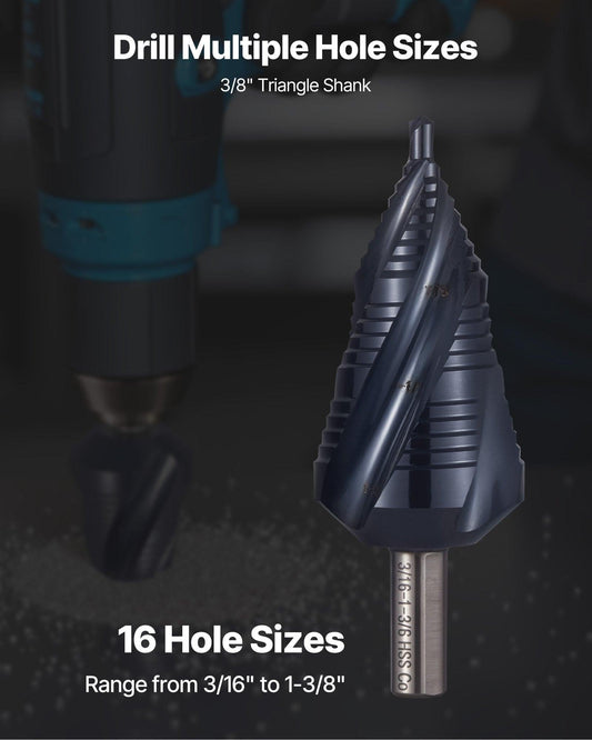 Step Drill Bit, 4.76 to 34.93 mm, 9.53 mm Triangular Shank, TiAlN Coating Cobalt High Speed Steel, Four Spiral Flute Step Bit for Metal, Stainless Steel, Aluminum, Wood, Plastic, Fiberglass.