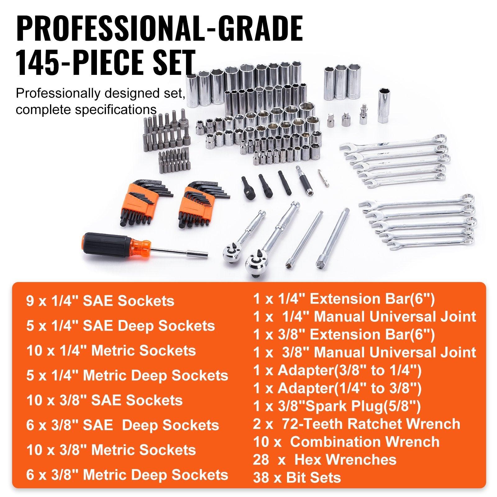 Mechanics Tool Set and Socket Set 1/4in 3/8in Drive 145 Pcs SAE and Metric.