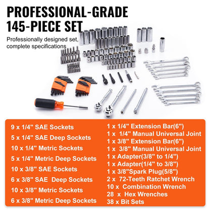 Mechanics Tool Set and Socket Set 1/4in 3/8in Drive 145 Pcs SAE and Metric.