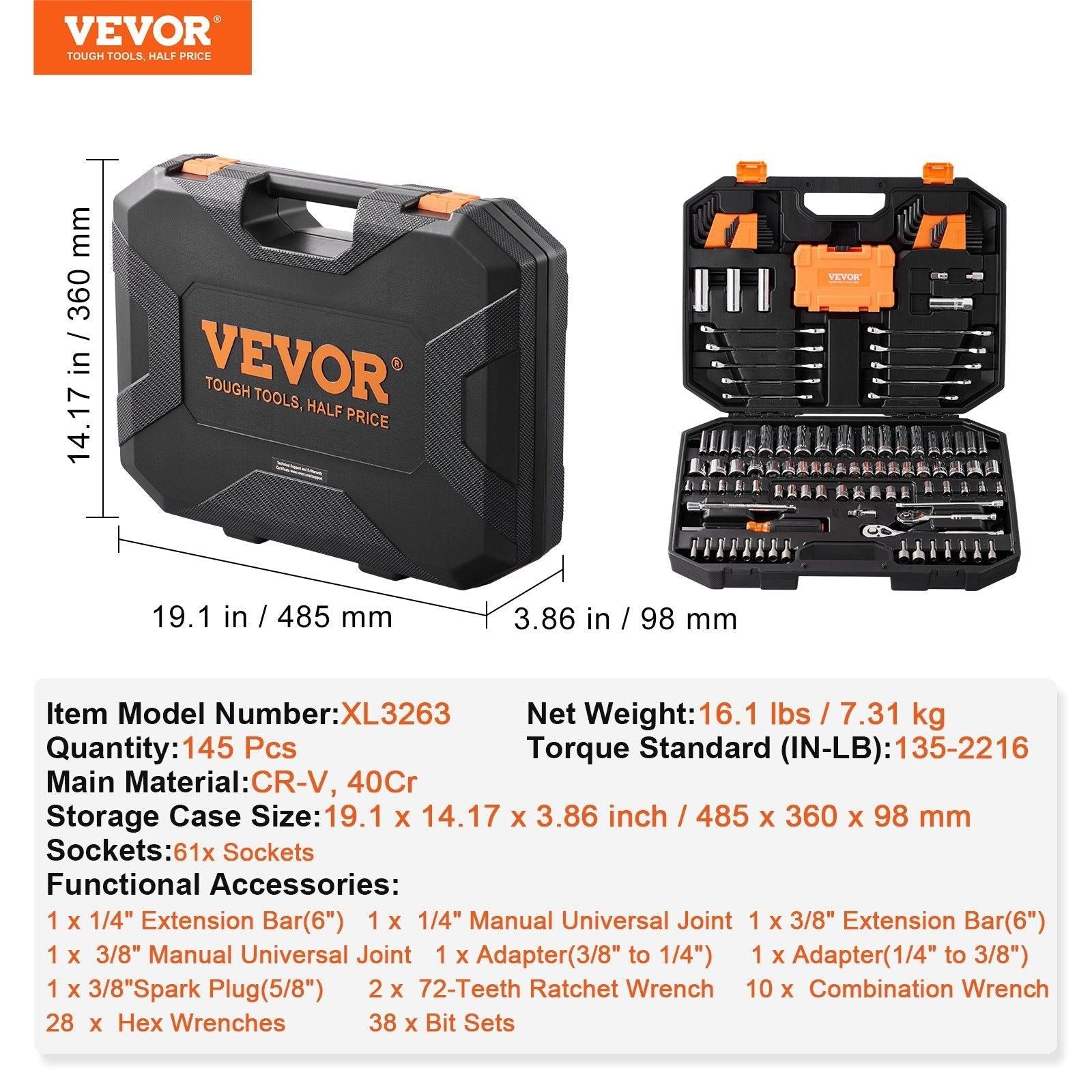 Mechanics Tool Set and Socket Set 1/4in 3/8in Drive 145 Pcs SAE and Metric.