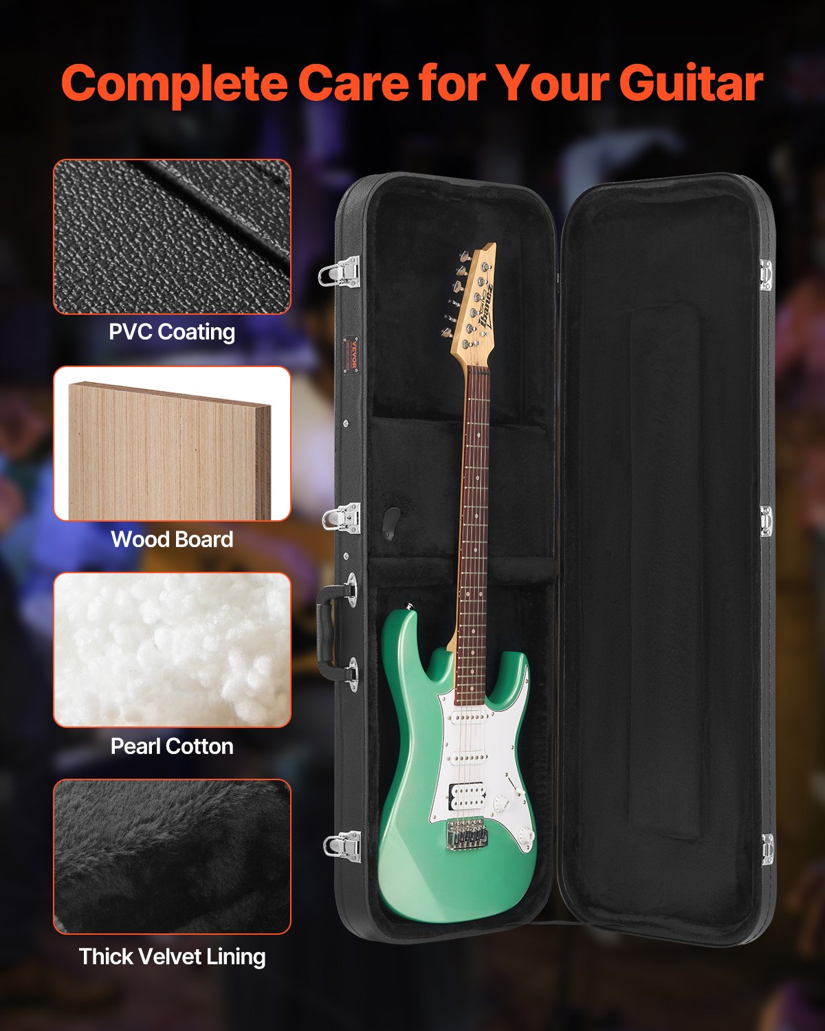 Electric Guitar Hard Case, 1095 mm Rectangular Guitar Hard Case, With Lock Latch Keys Handle, PVC Padding Soft Lining Water-Resistant Hard Shell Guitar Cases, for 990 mm Electric Guitars, Black
