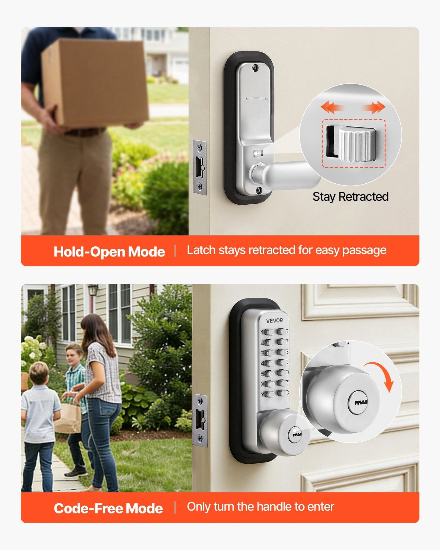 Mechanical Keyless Entry Door Lock, 2.0 Code Upgrade, 4-7 Digits Code, Single-Sided Push Button Combination Mechanical Keypad Door Knob, Auto Locking, for Garden Gates, Indoor or Outdoor, Silver