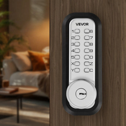Mechanical Keyless Entry Door Lock, 2.0 Code Upgrade, 4-7 Digits Code, Single-Sided Push Button Combination Mechanical Keypad Door Knob, Auto Locking, for Garden Gates, Indoor or Outdoor, Silver