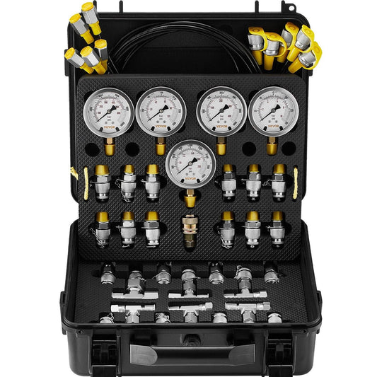 Hydraulic Pressure Test Kit, 10/100/250/400/600bar, 5 Gauges 13 Couplings 14 Tee Connectors 5 Test Hoses, Excavator Hydraulic Test Gauge Set with Carrying Case for Excavator Tractors Machinery.