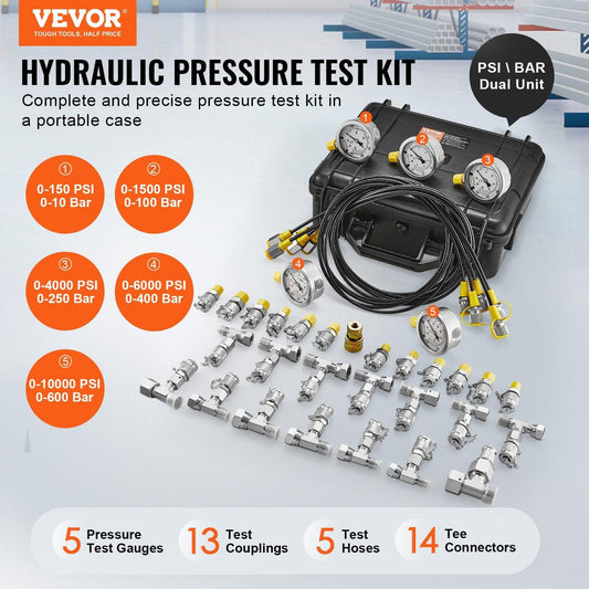 Hydraulic Pressure Test Kit, 10/100/250/400/600bar, 5 Gauges 13 Couplings 14 Tee Connectors 5 Test Hoses, Excavator Hydraulic Test Gauge Set with Carrying Case for Excavator Tractors Machinery.