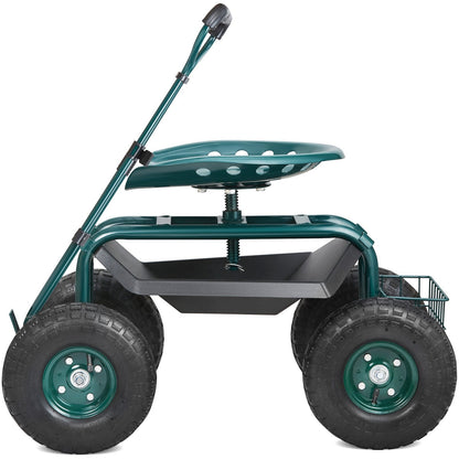 Garden Cart Rolling Workseat with Wheels, Gardening Stool for Planting, 360 Degree Swivel Seat, Wagon Scooter with Steering Handle & Utility Tool Tray, Use for Patio, Yard, and Outdoors, Green