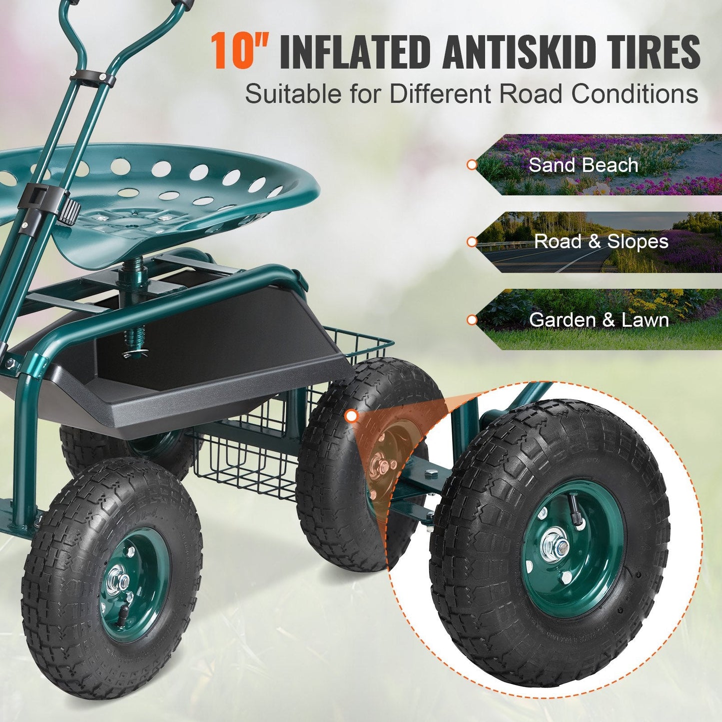 Garden Cart Rolling Workseat with Wheels, Gardening Stool for Planting, 360 Degree Swivel Seat, Wagon Scooter with Steering Handle & Utility Tool Tray, Use for Patio, Yard, and Outdoors, Green