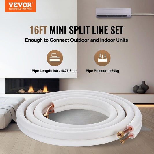 4876.8mm Mini Split Line Set, 6.4 & 12.7mm O.D Copper Pipes Tubing and Triple-Layer Insulation, for Air Conditioning or Heating Pump Equipment & HVAC with Rich Accessories (18ft Connection Cable.