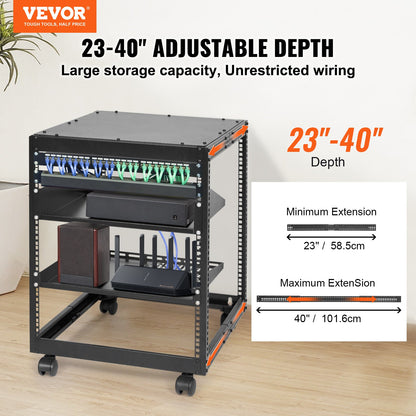 12U Open Frame Server Rack, 15''-40'' Adjustable Depth, Free Standing or Wall Mount Network Server Rack, 4 Post AV Rack with Casters, Holds All Your Networking IT Equipment AV Gear Router Modem
